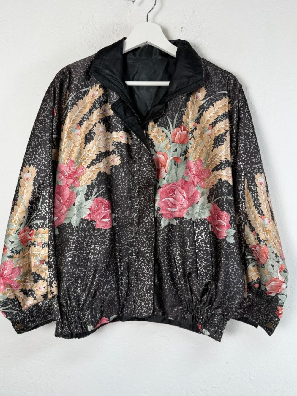 Vintage Floral Bomber Jacket Black Pink Rose Speckled Print Full Zip Coat Korea